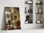 Orientalist panel against a warm-cream painted accent wall