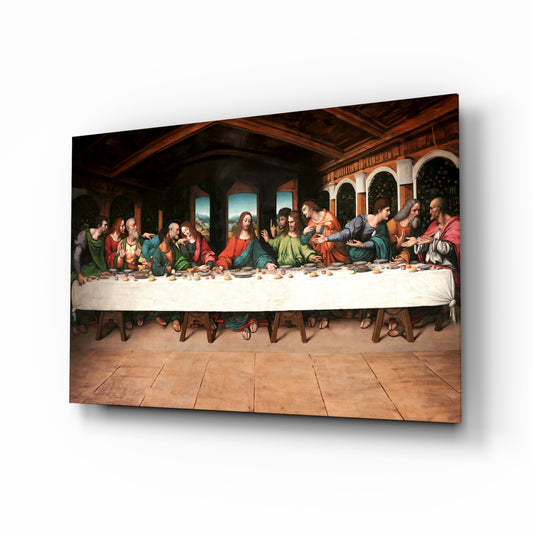 Last Supper Remastered glass wall art in a modern study