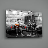 Retro tribute panel anchoring a creative loft wall