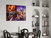 Retro glass print bringing drive-in edge to a designer office
