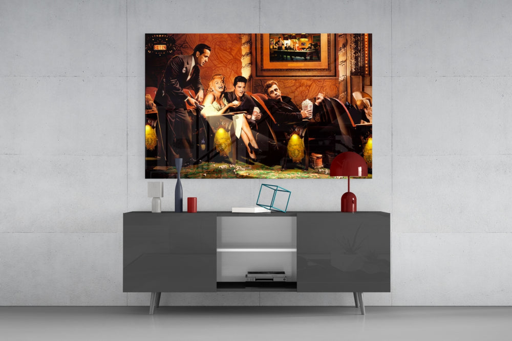 Marilyn Elvis Humphrey Cinema glass wall art catching light to reveal its painted velvet
