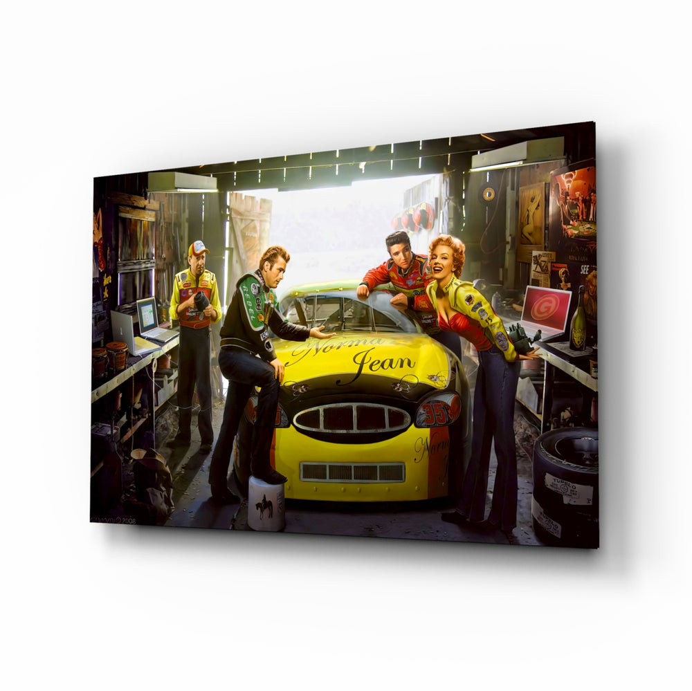 Marilyn Elvis Humphrey Garage glass wall art in a modern home cinema