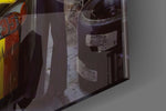 Cinematic artwork in a motorsport-leaning lounge interior