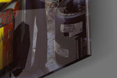 Cinematic artwork in a motorsport-leaning lounge interior