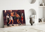 Close-up detail of retro boxing ring behind glass