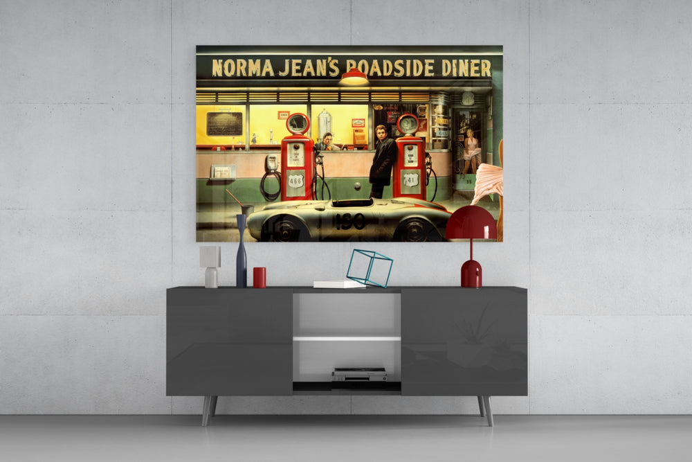 Marilyn Elvis Humphrey Retro Gas Station glass wall art catching light to reveal its painted neon
