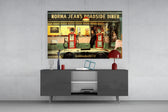 Marilyn Elvis Humphrey Retro Gas Station glass wall art catching light to reveal its painted neon