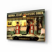 Marilyn Elvis Humphrey Retro Gas Station glass wall art in a modern home cinema