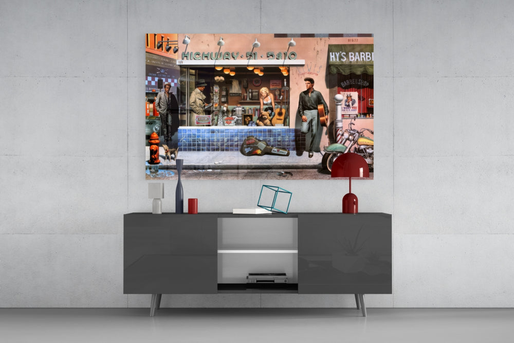 Marilyn Elvis Humphrey Store glass wall art catching light to reveal its painted Harley