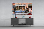 Marilyn Elvis Humphrey Store glass wall art catching light to reveal its painted Harley