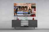 Marilyn Elvis Humphrey Store glass wall art catching light to reveal its painted Harley