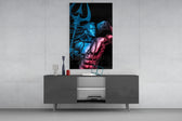 Har Har Mahadev glass wall art catching light to reveal its painted trident