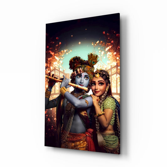 Krishna and Radha glass wall art in a quiet meditation room