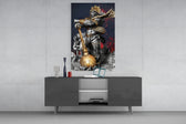 Ape King glass wall art catching light to reveal its painted ember