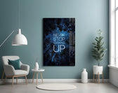 Never Stop artwork styled in a study interior
