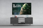 Words of Yoda glass wall art catching light to reveal its painted swamp