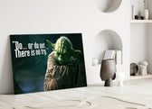 Close-up detail of Yoda mantra behind glass