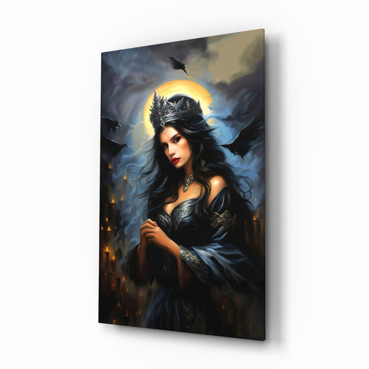 Dark Queen glass wall art in a modern creative loft