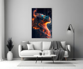 Close-up detail of cosmic Fire Lion behind glass