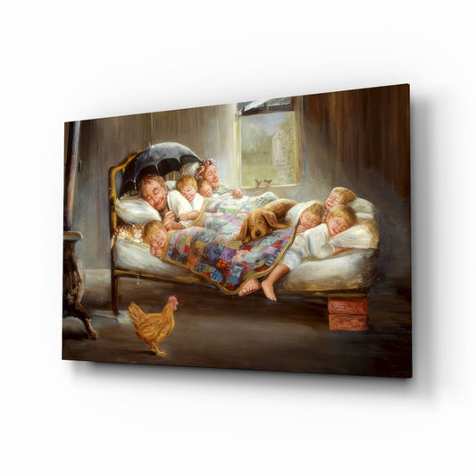 Picture of Happiness glass wall art in a master bedroom