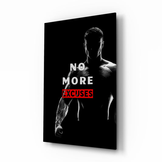 No More Excuses glass wall art in a modern home gym