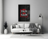 Close-up detail of scarlet No Pain No Gain bubble behind glass