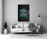 Close-up detail of cyan No Pain No Gain bubble behind glass