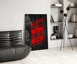 Motivational glass print bringing hustle edge to a home gym