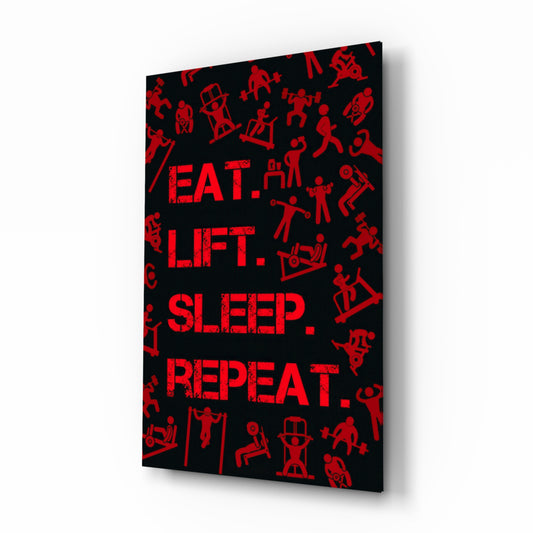 Eat, Lift, Sleep glass wall art in a modern home gym