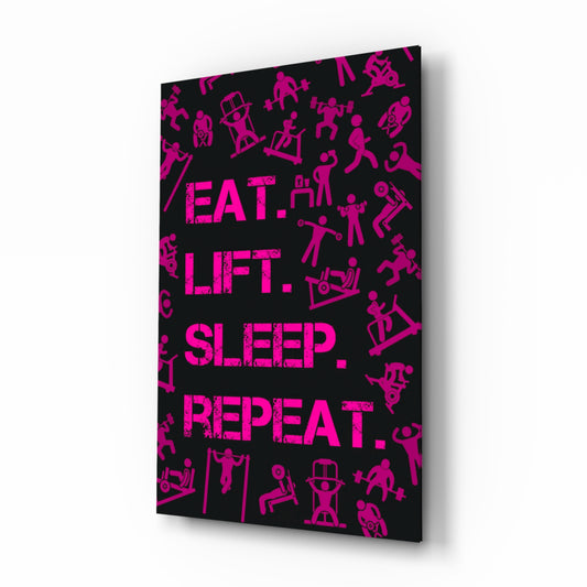 Eat, Lift, Sleep glass wall art in a modern home gym