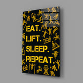 Gym typography panel anchoring a man cave wall