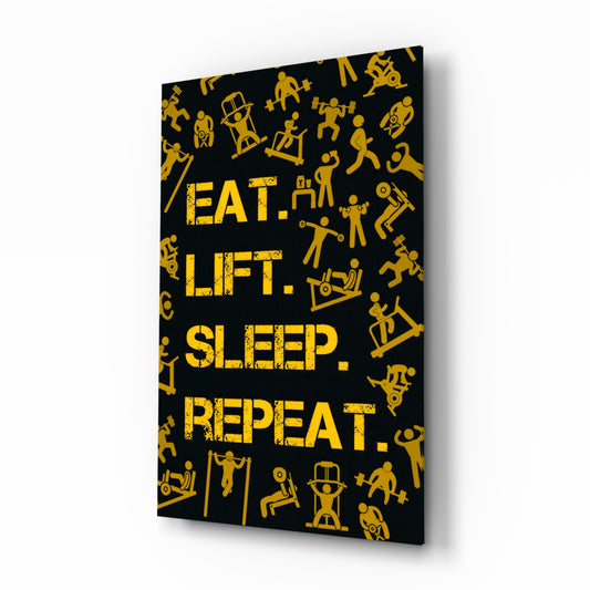 Eat, Lift, Sleep glass wall art in a modern home gym