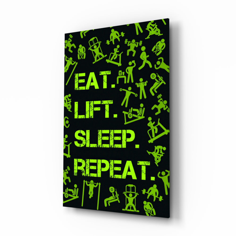 Eat, Lift, Sleep glass wall art in a modern home gym