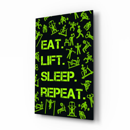 Eat, Lift, Sleep glass wall art in a modern home gym