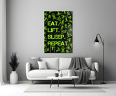 Close-up detail of chartreuse Eat Lift Sleep Repeat typography behind glass