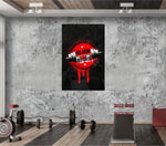 No Pain No Gain glass wall art catching light to reveal its painted barbell