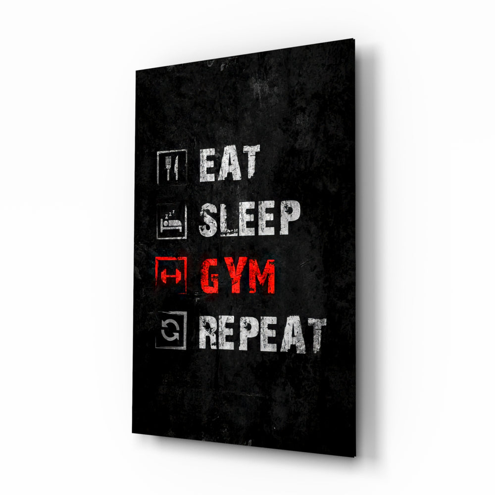 Eat, Sleep, Gym glass wall art in a modern home gym