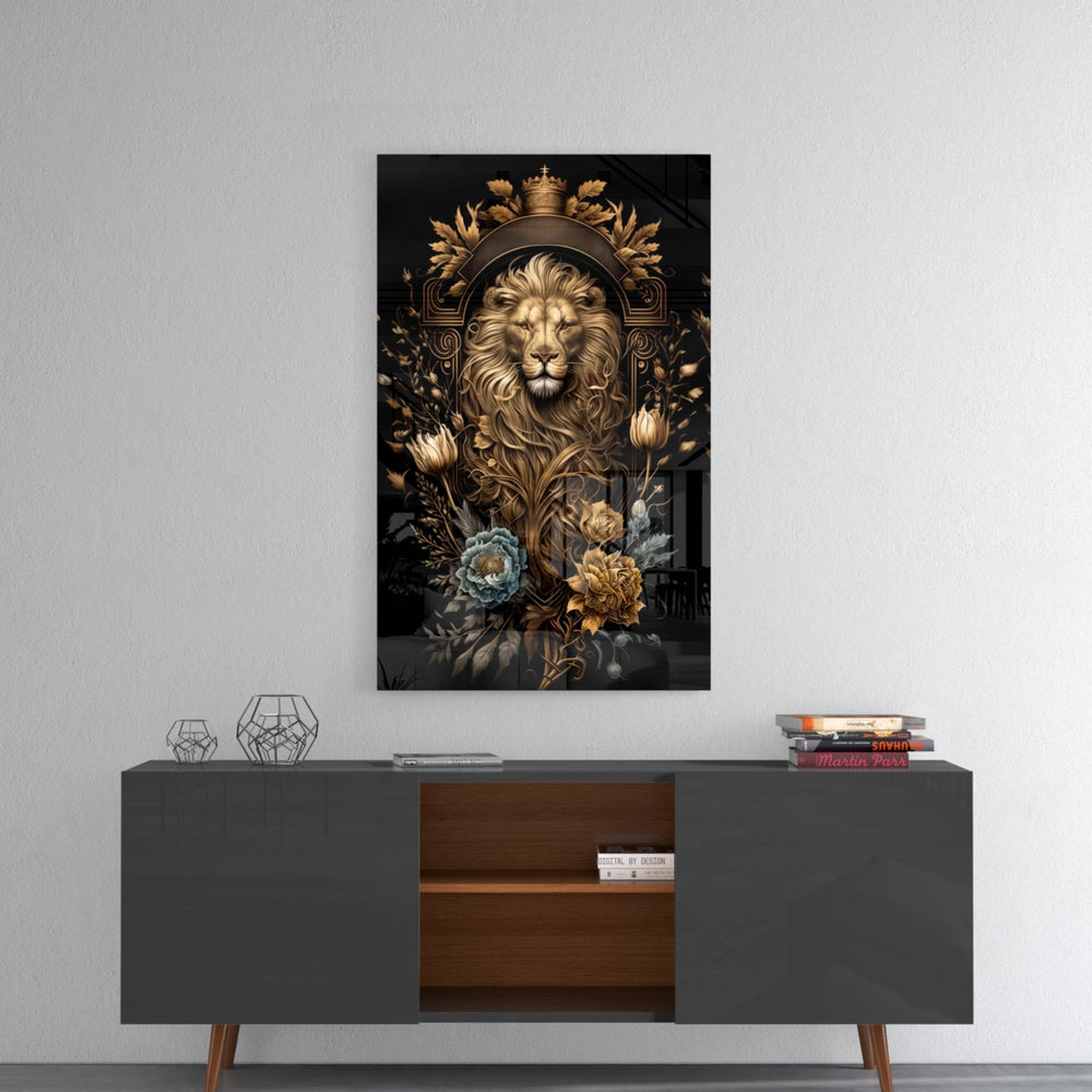 Lion King glass wall art catching light to reveal its painted crown