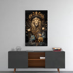Lion King glass wall art catching light to reveal its painted crown