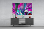 Pink Dream glass wall art catching light to reveal its painted plumes