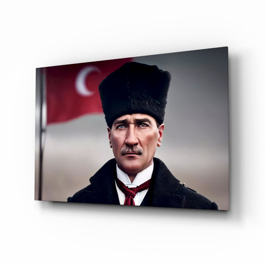 Atatürk glass wall art in a modern study