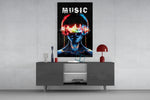 Music glass wall art catching light to reveal its painted waveform
