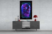 Skull glass wall art catching light to reveal its painted wire