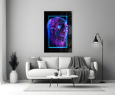 Close-up detail of magenta wireframe skull behind glass