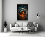 Close-up detail of Bitcoin ember explosion behind glass