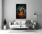 Close-up detail of Bitcoin ember explosion behind glass