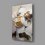 Abstract portrait panel anchoring a master bedroom wall
