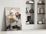 Abstract panel against an ivory-painted accent wall