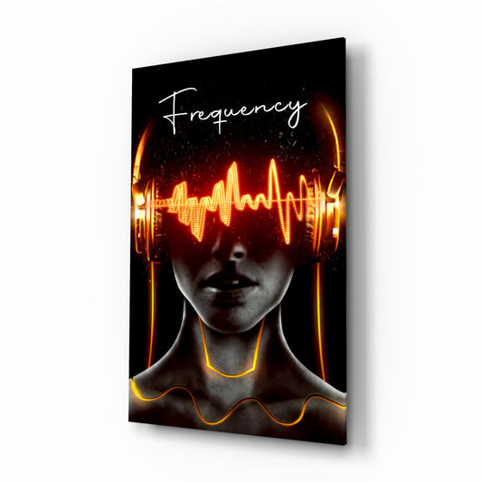 Frequency glass wall art in a modern music studio