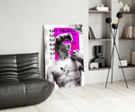 Pop-collage glass print bringing classical edge to a teen's bedroom